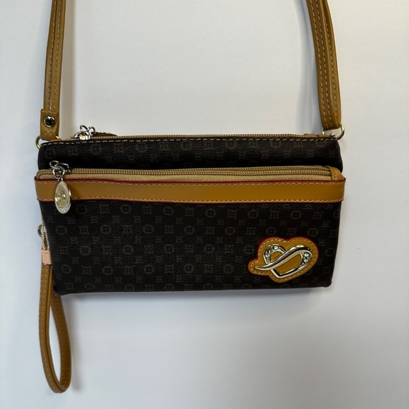 Handbags - Y2K Monogram Crossbody Bag Multi-Zip Brown & Tan Heart Detail